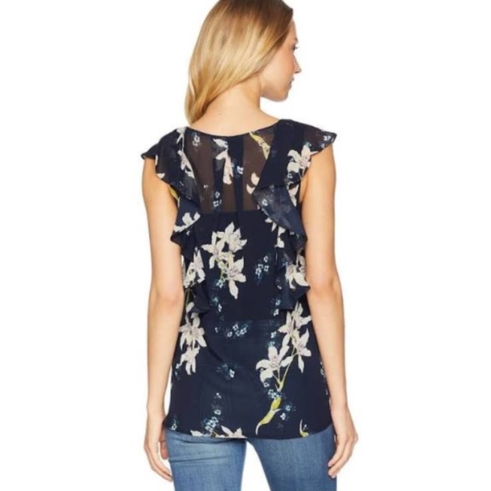 PAIGE Silk Ruffle Blouse Rich Navy Blue, Medium, Sketched Orchid Floral Top - Picture 2 of 13